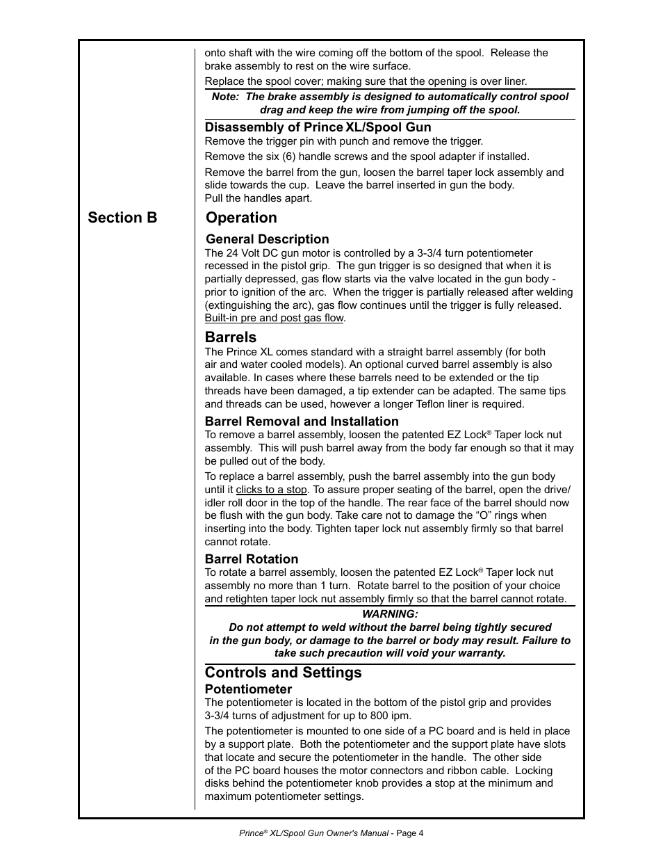 Barrels, Controls and settings | MK Products Prince XL User Manual | Page 11 / 41