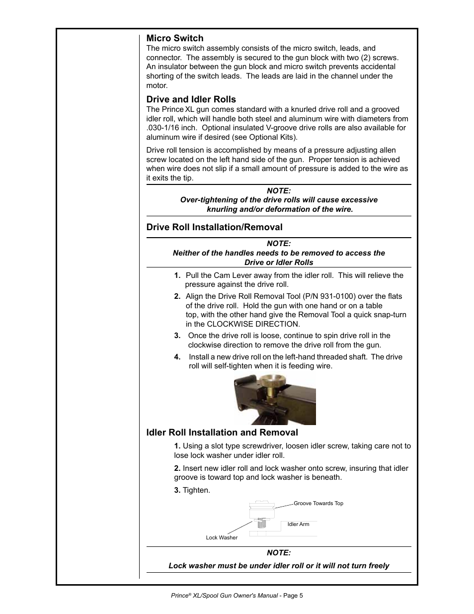 Micro switch, Drive and idler rolls, Drive roll installation/removal | Idler roll installation and removal | MK Products Prince XL User Manual | Page 12 / 41