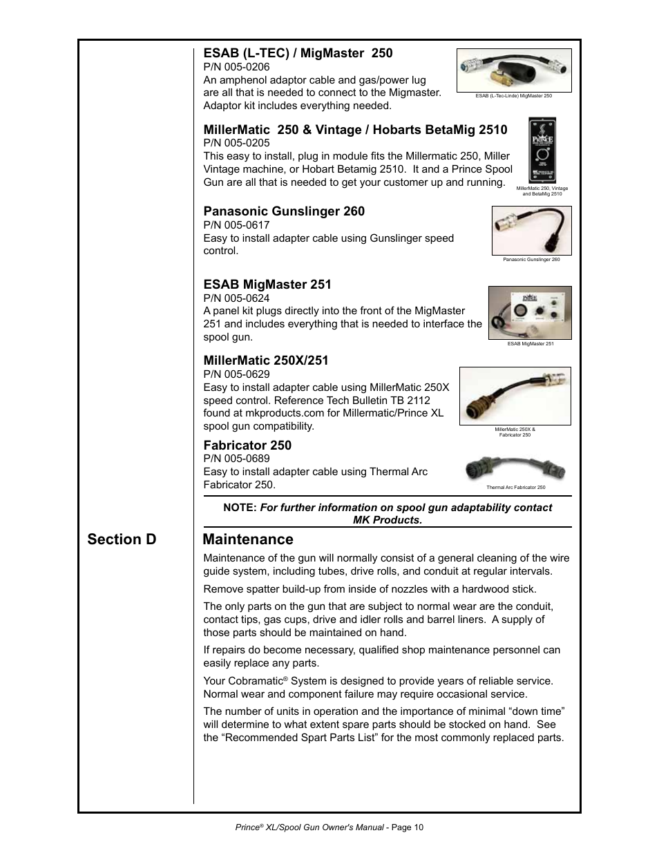 Esab (l-tec) / migmaster 250, Panasonic gunslinger 260, Esab migmaster 251 | Fabricator 250 | MK Products Prince XL User Manual | Page 17 / 41