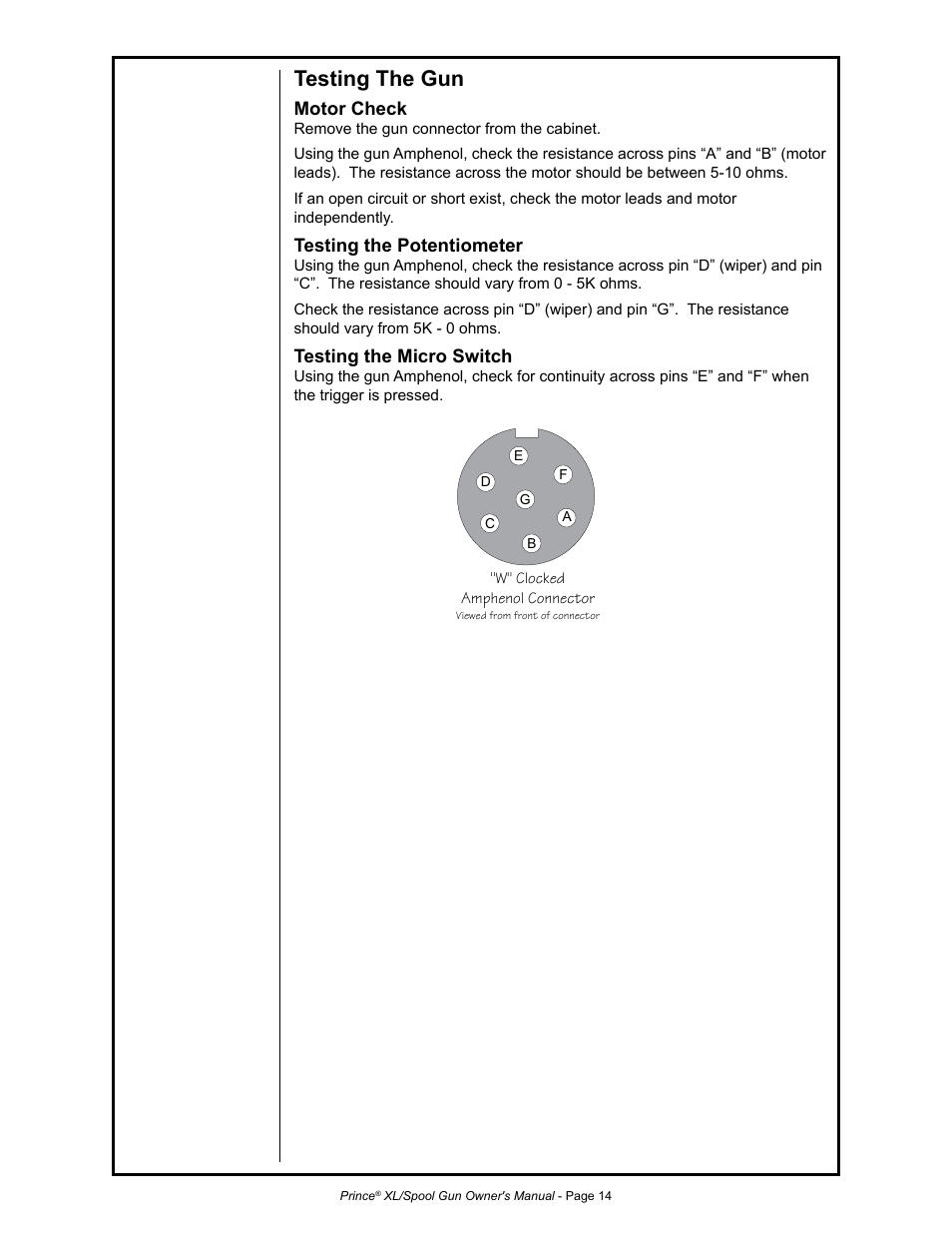 Testing the gun, Motor check, Testing the potentiometer | Testing the micro switch | MK Products Prince XL User Manual | Page 21 / 41