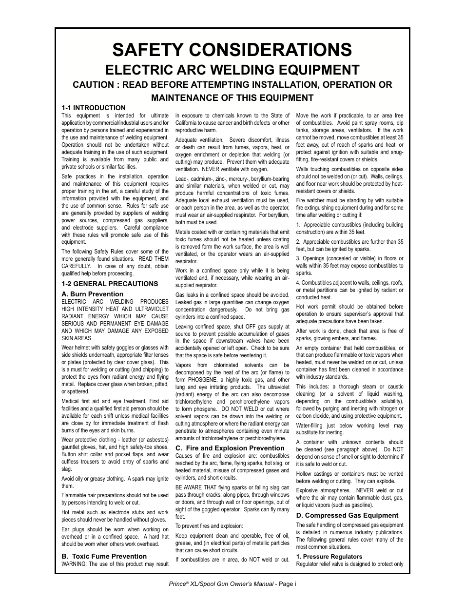 Safety considerations, Electric arc welding equipment, Saftey guidelines | MK Products Prince XL User Manual | Page 4 / 41