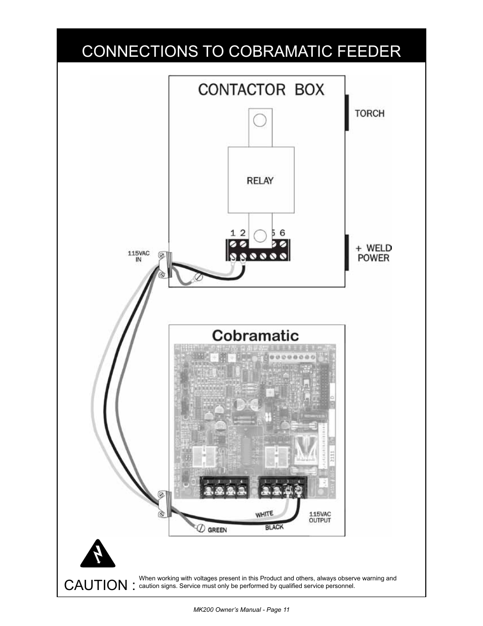 Connections to cobramatic feeder, Caution | MK Products MK200 User Manual | Page 11 / 20