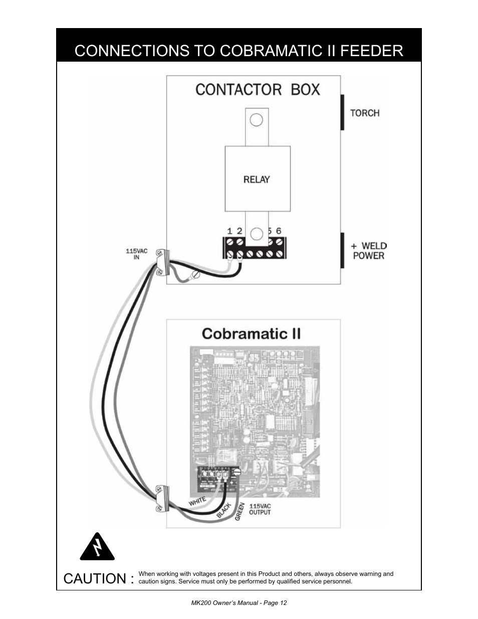 Connections to cobramatic ii feeder, Caution | MK Products MK200 User Manual | Page 12 / 20