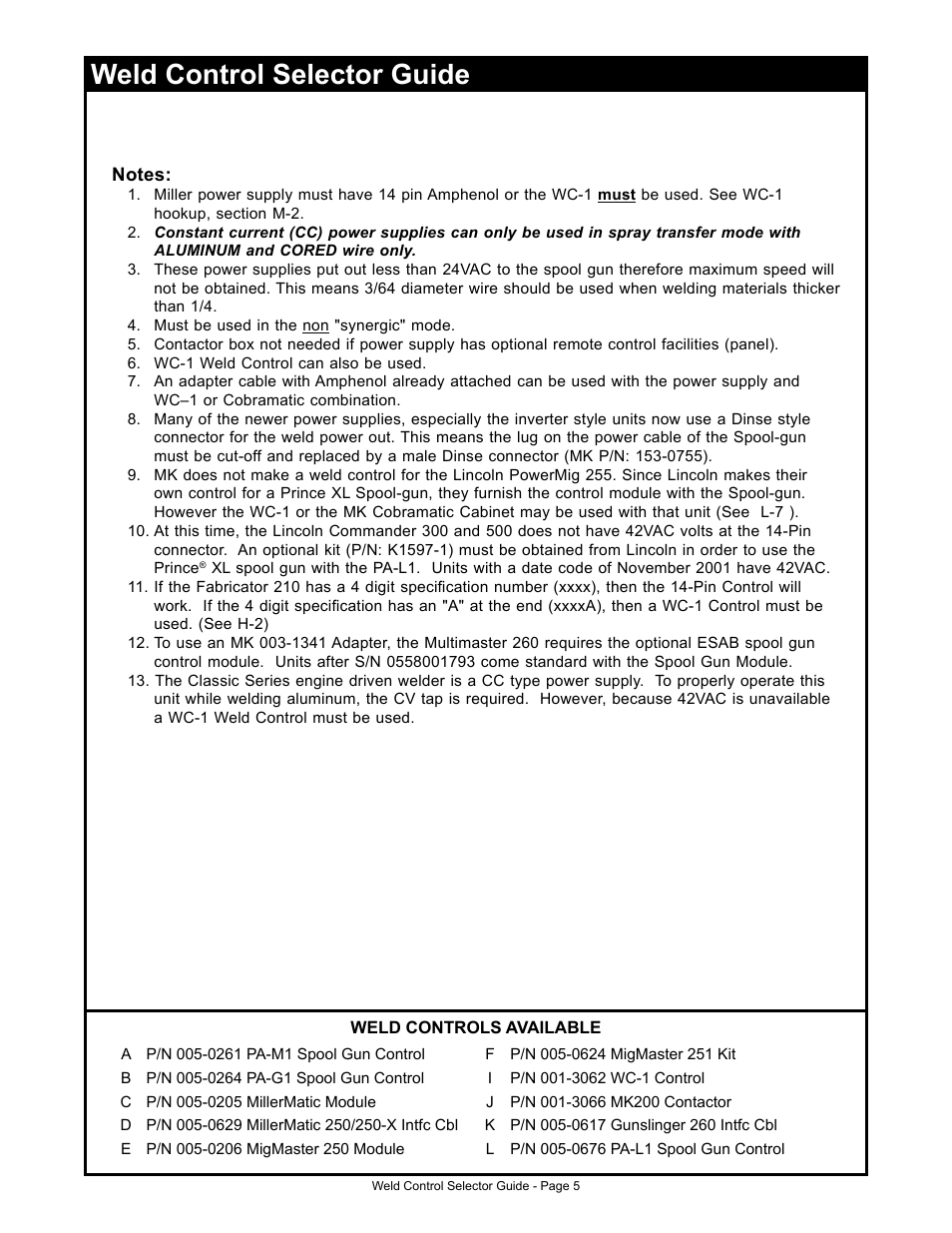 Weld control selector guide | MK Products Weld Control User Manual | Page 12 / 45