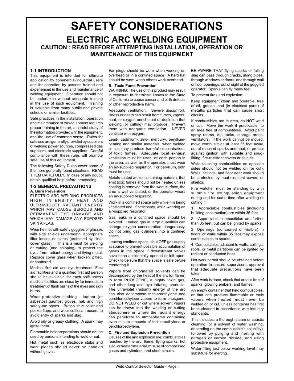 Safety considerations, Electric arc welding equipment | MK Products Weld Control User Manual | Page 2 / 45