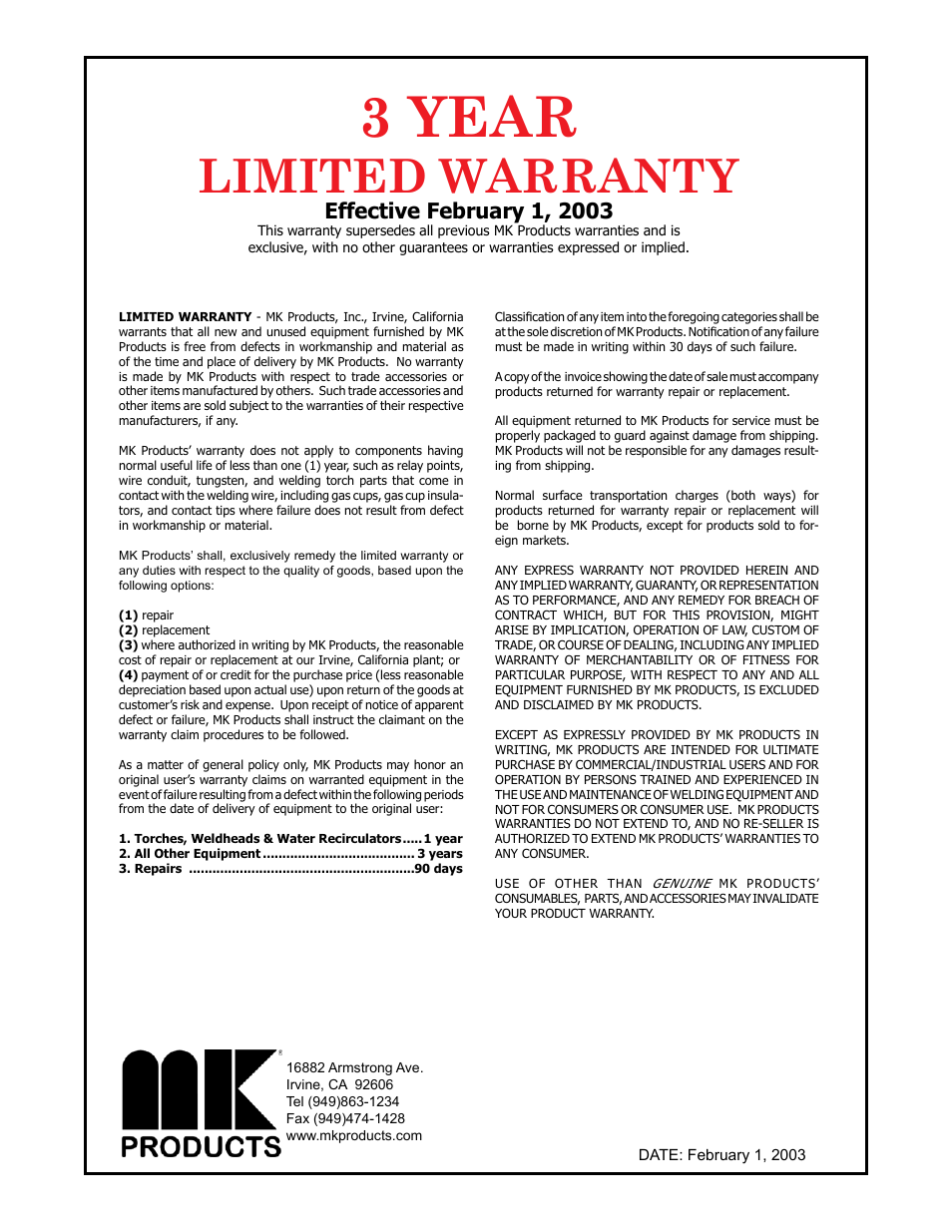 3 year, Limited warranty | MK Products Weld Control User Manual | Page 44 / 45