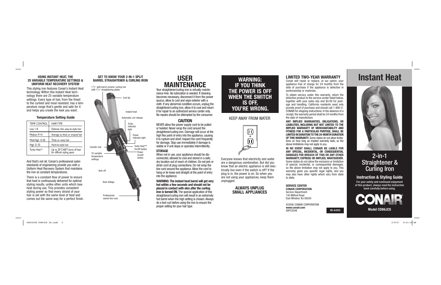 Instant heat, User maintenance, In-1 straightener & curling iron | Caution, Keep away from water, Always unplug small appliances, Limited two-year warranty, Instruction & styling guide | Conair CD86JCS User Manual | Page 2 / 2