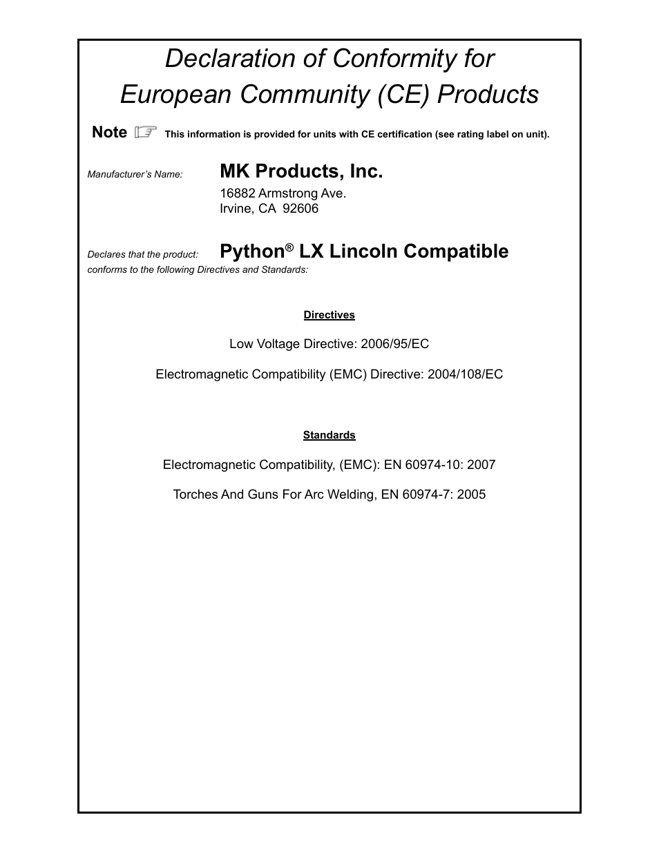 Mk products, inc, Python, Lx lincoln compatible | MK Products Python LX Euro User Manual | Page 3 / 41