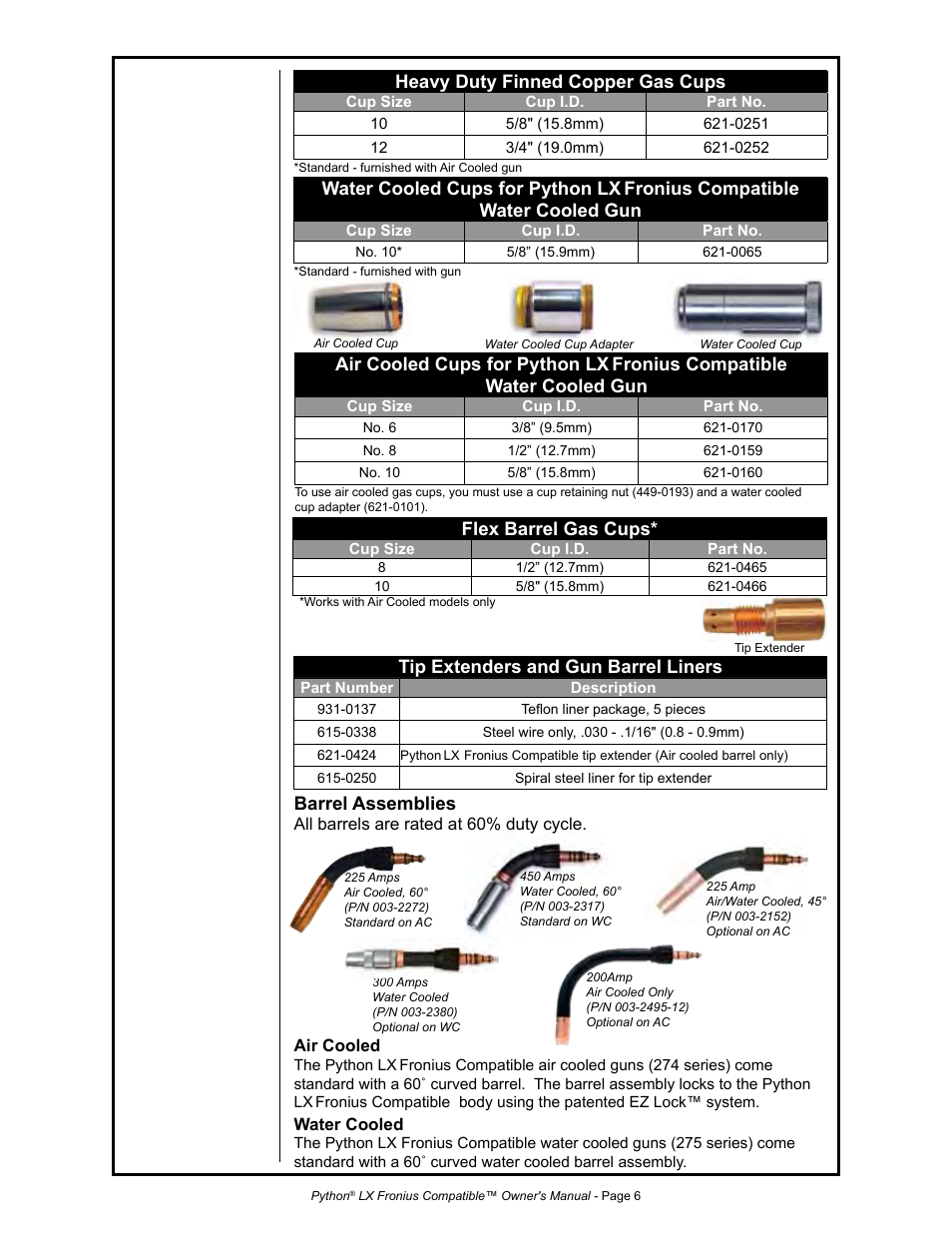 Barrel assemblies, Tip extenders and gun barrel liners, Water cooled cups for python lx | Fronius compatible water cooled gun, Flex barrel gas cups, Air cooled cups for python lx, Heavy duty finned copper gas cups | MK Products Python LX Fronius Com ACWC User Manual | Page 13 / 41