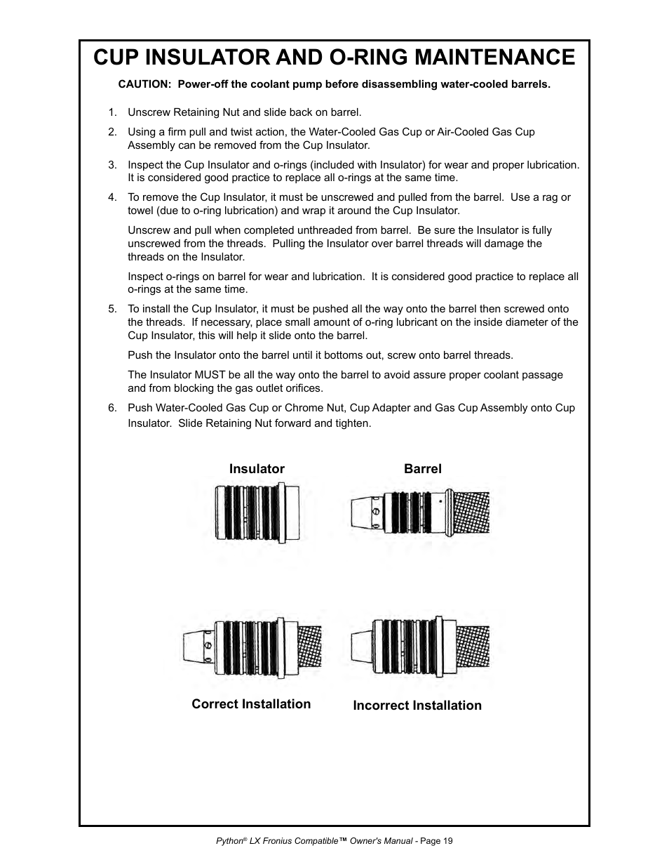 Cup insulator and o-ring maintenance | MK Products Python LX Fronius Com ACWC User Manual | Page 26 / 41