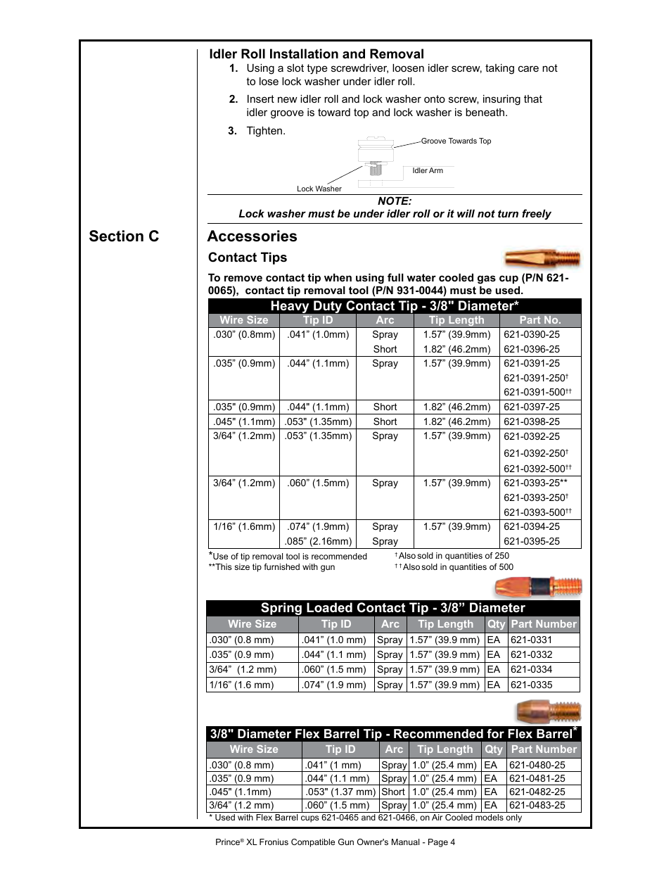 Idler roll installation and removal, Contact tips, Heavy duty contact tip - 3/8" diameter | Spring loaded contact tip - 3/8” diameter | MK Products Prince XL Fronius Com ACWC User Manual | Page 11 / 39