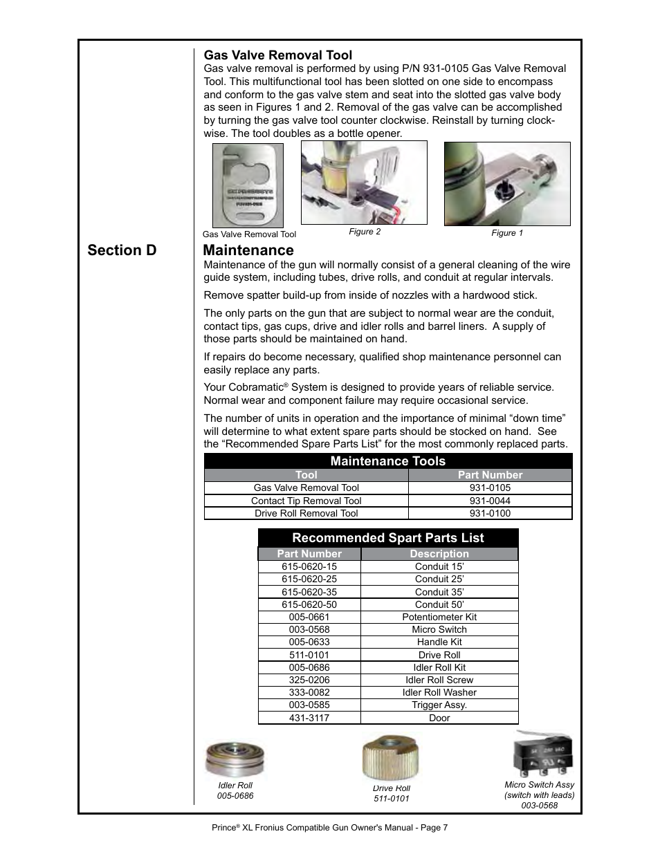 Gas valve removal tool, Recommended spart parts list, Maintenance tools | MK Products Prince XL Fronius Com ACWC User Manual | Page 14 / 39