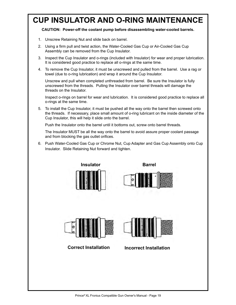 Cup insulator and o-ring maintenance | MK Products Prince XL Fronius Com ACWC User Manual | Page 26 / 39