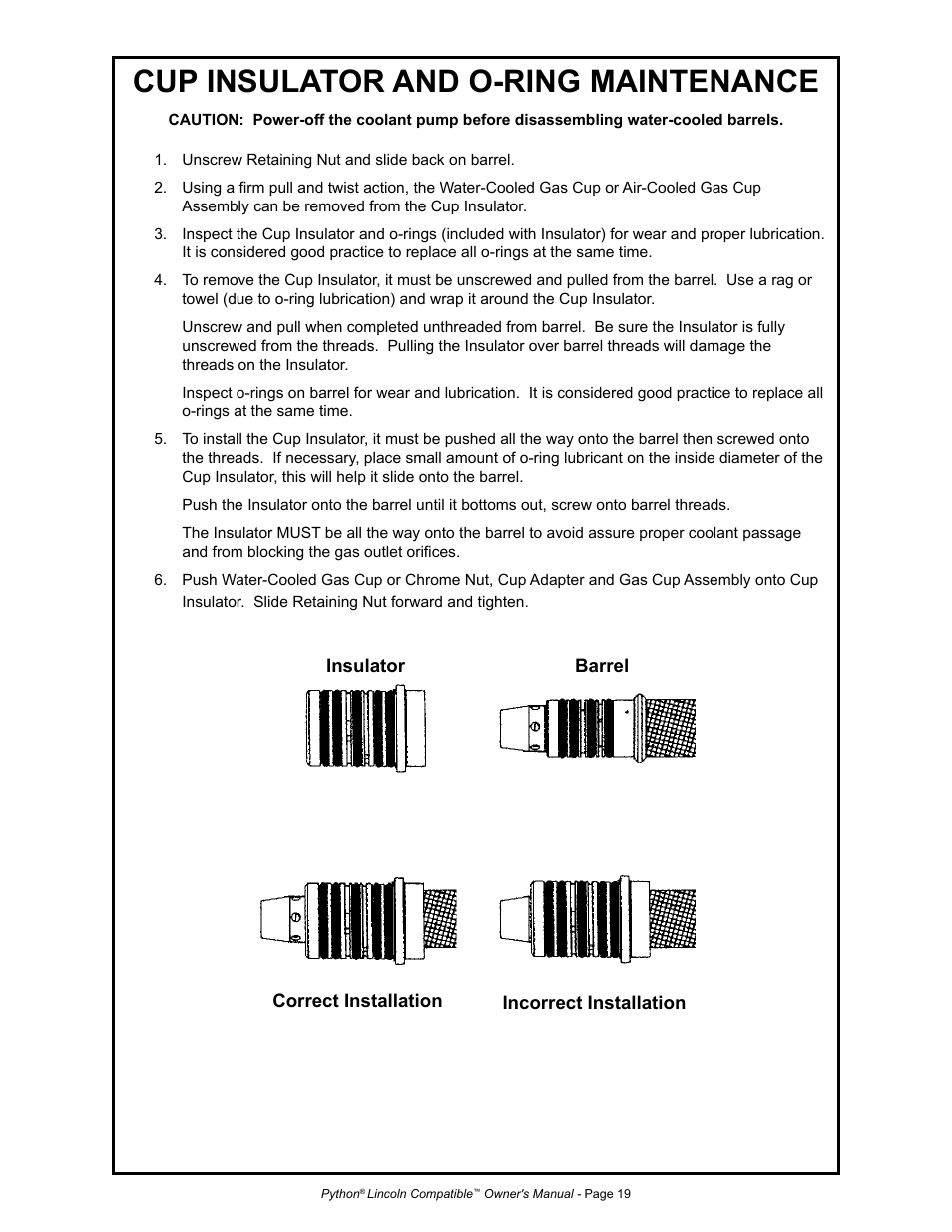 Cup insulator and o-ring maintenance | MK Products Python LE Compatible ACWC User Manual | Page 28 / 43