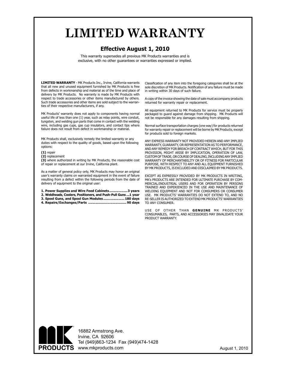 Limited warranty | MK Products Python LE Compatible ACWC User Manual | Page 42 / 43