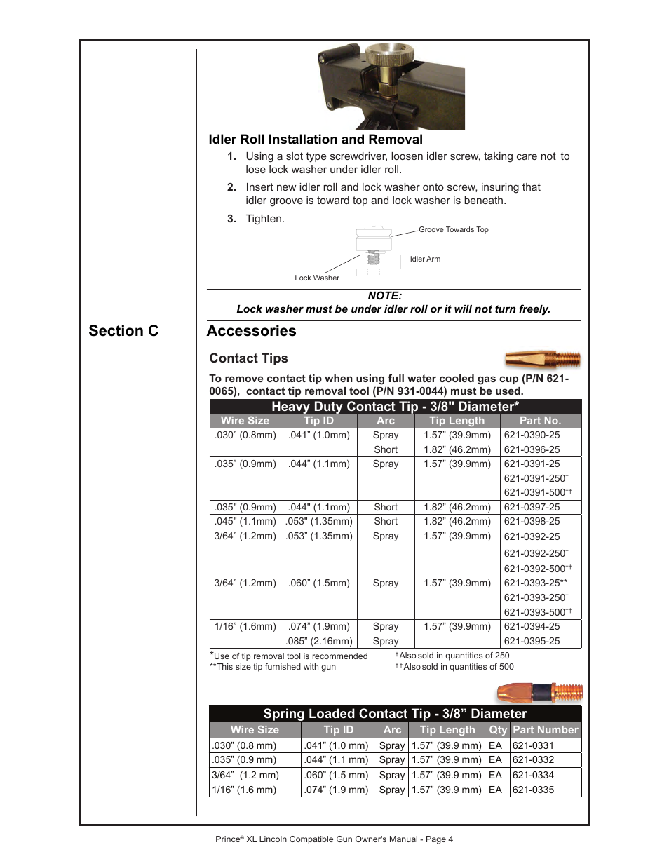 Idler roll installation and removal, Contact tips, Heavy duty contact tip - 3/8" diameter | Spring loaded contact tip - 3/8” diameter | MK Products Prince XL LE Com ACWC User Manual | Page 11 / 41