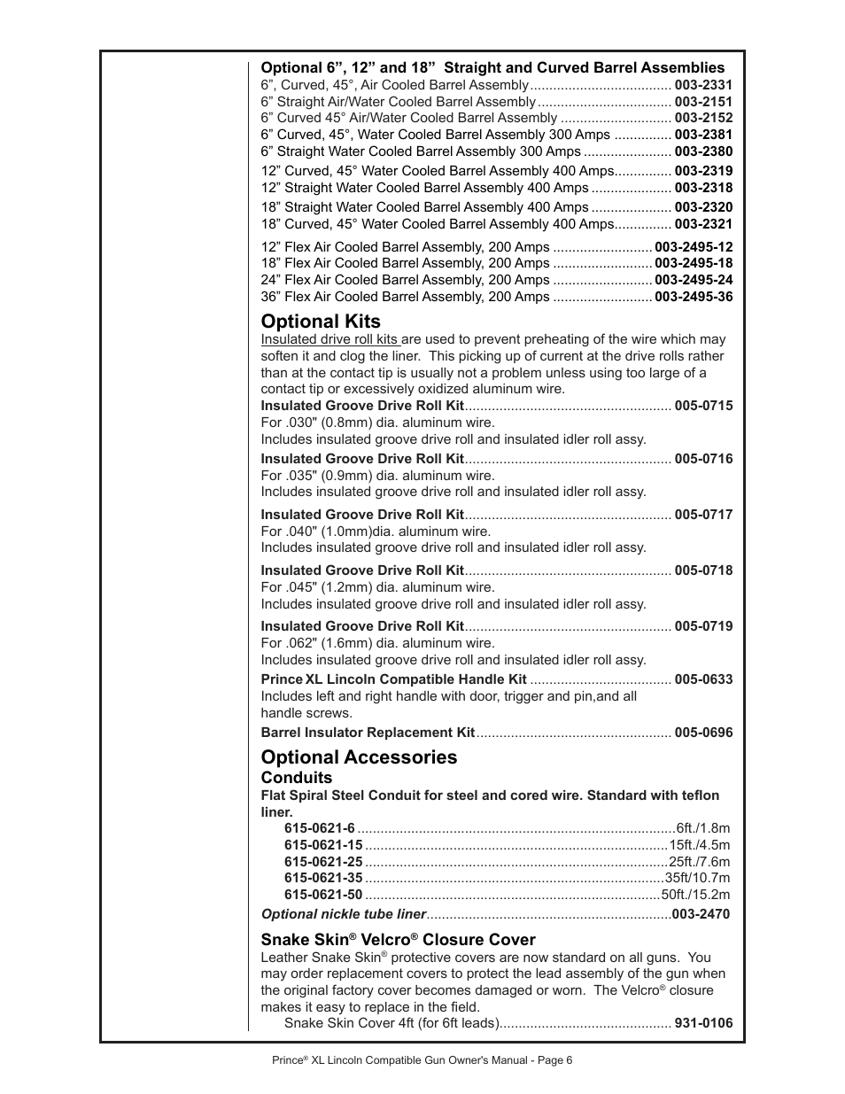 Optional kits, Optional accessories | MK Products Prince XL LE Com ACWC User Manual | Page 13 / 41