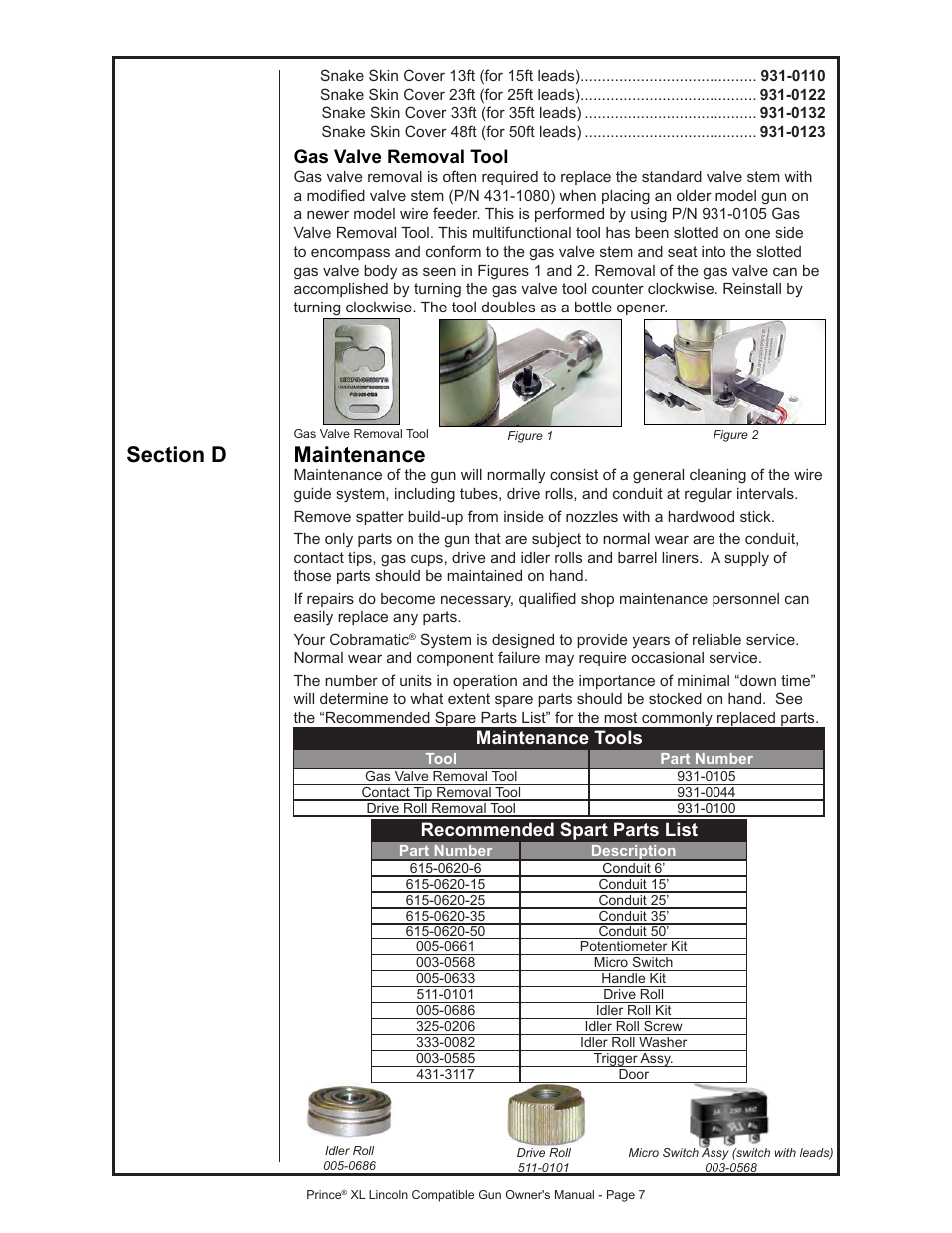 Gas valve removal tool, Maintenance tools, Recommended spart parts list | MK Products Prince XL LE Com ACWC User Manual | Page 14 / 41