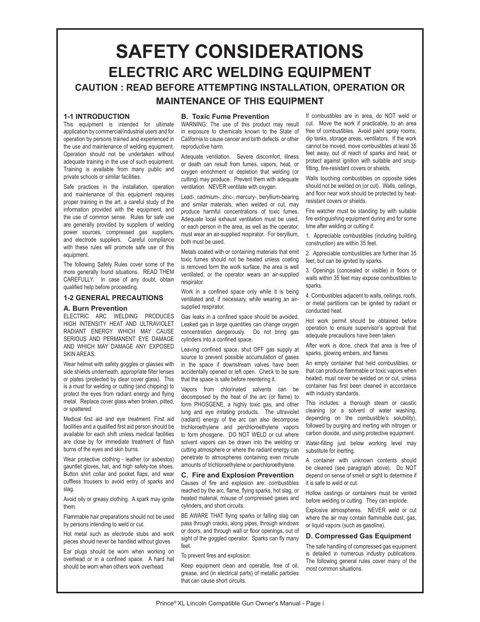 Safety considerations, Electric arc welding equipment | MK Products Prince XL LE Com ACWC User Manual | Page 4 / 41