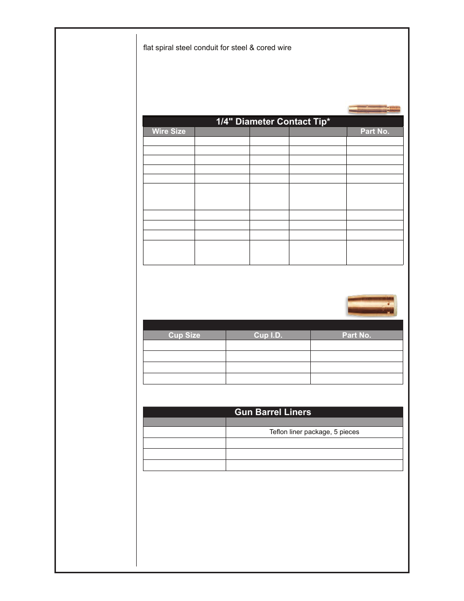 Conduits, Gas cups, Gun barrel liners | 1/4" diameter contact tip, Contact tips | MK Products Cobra SX LE Com AC only User Manual | Page 12 / 30