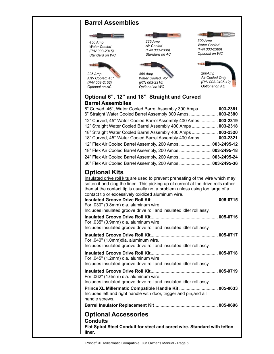 Barrel assemblies, Optional kits, Optional accessories | Conduits | MK Products Prince XL MM Com ACWC User Manual | Page 13 / 39