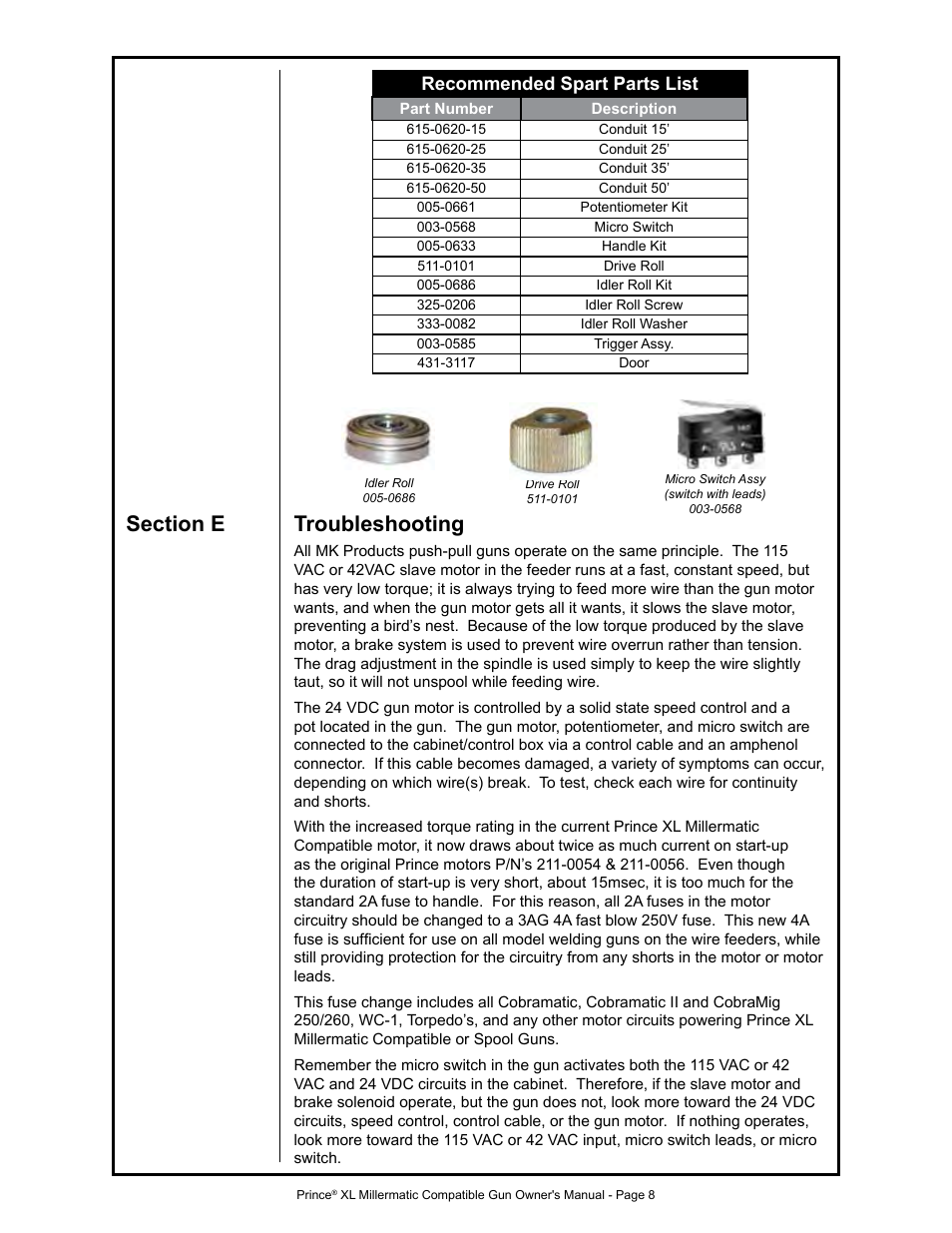 Recommended spart parts list | MK Products Prince XL MM Com ACWC User Manual | Page 15 / 39