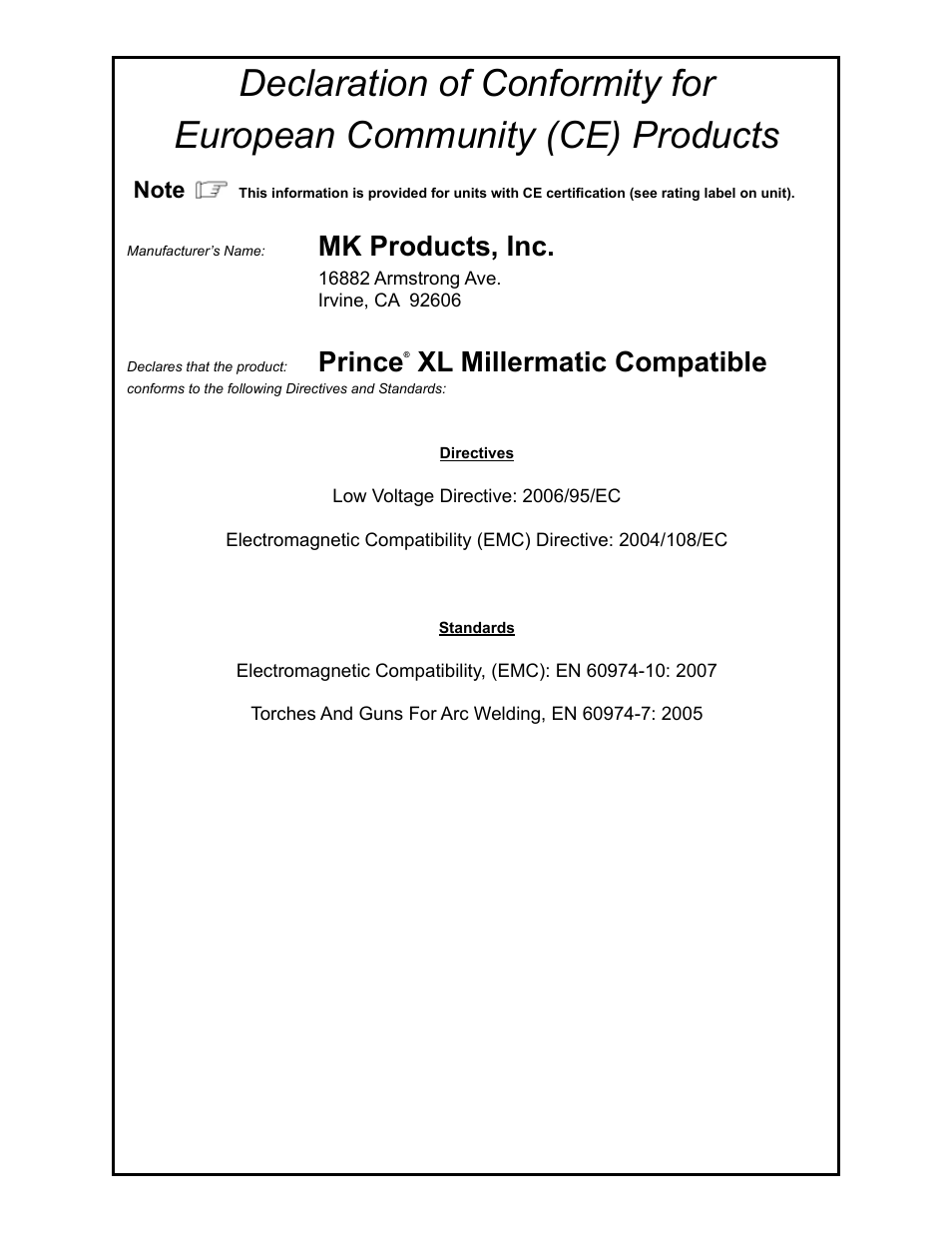 Mk products, inc, Prince, Xl millermatic compatible | MK Products Prince XL MM Com ACWC User Manual | Page 3 / 39