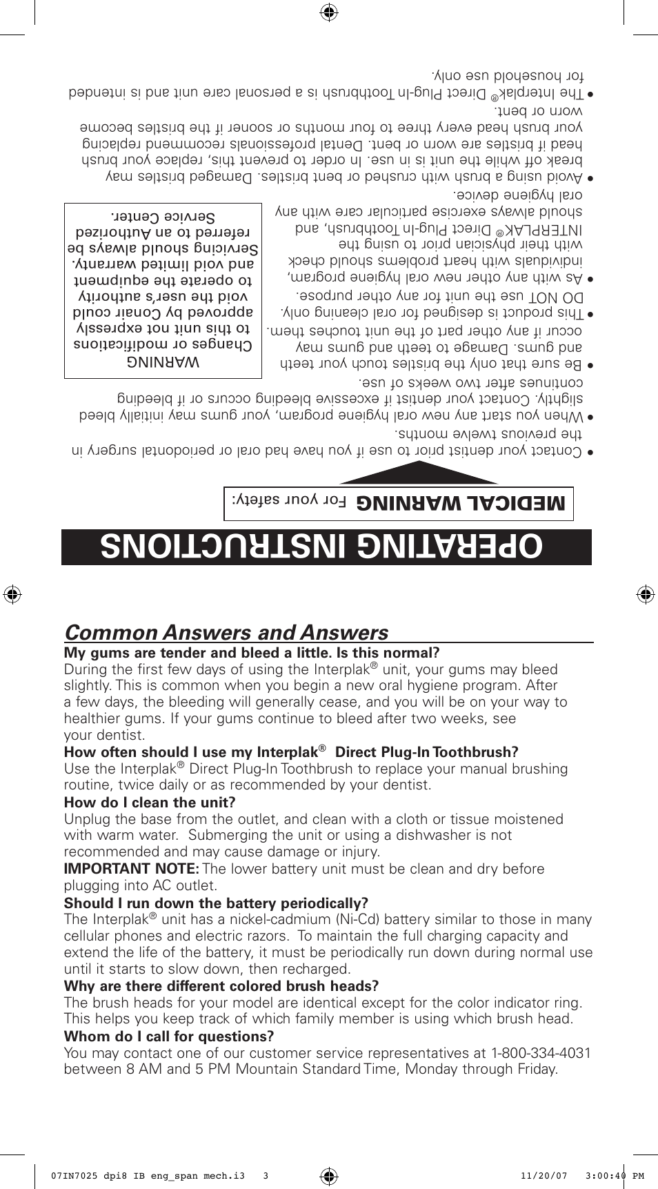 Important safeguards, Save these ins tructions, Operating instructions | Instruction manual, Model dpi8, Limited 2 year war ranty, Using the interplak, Troubleshooting, Common answers and answers, Read all instru ctions before using | Conair DPI8 User Manual | Page 3 / 8