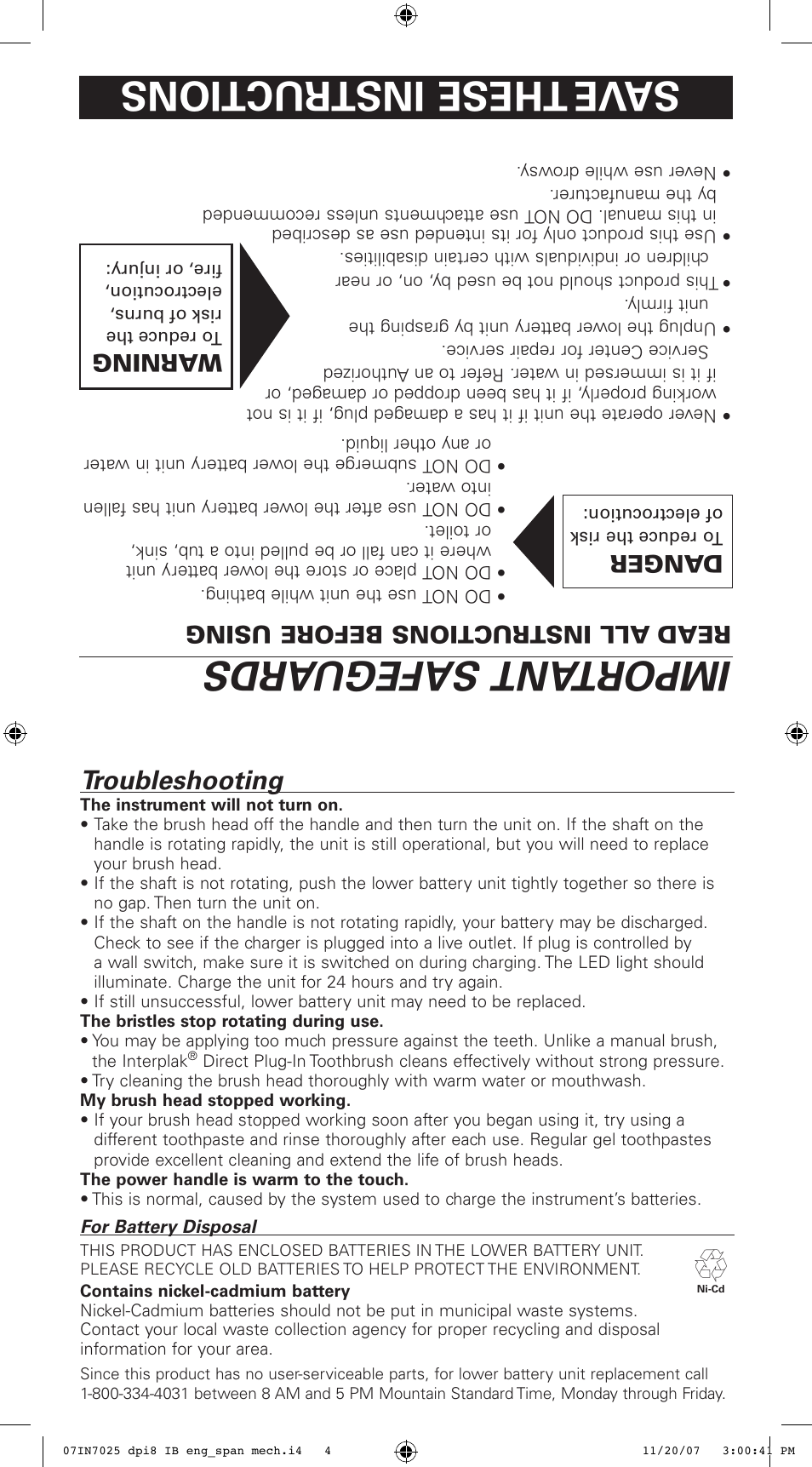 Important safeguards, Save these ins tructions, Operating instructions | Instruction manual, Model dpi8, Limited 2 year war ranty, Using the interplak, Troubleshooting, Common answers and answers, Read all instru ctions before using | Conair DPI8 User Manual | Page 4 / 8