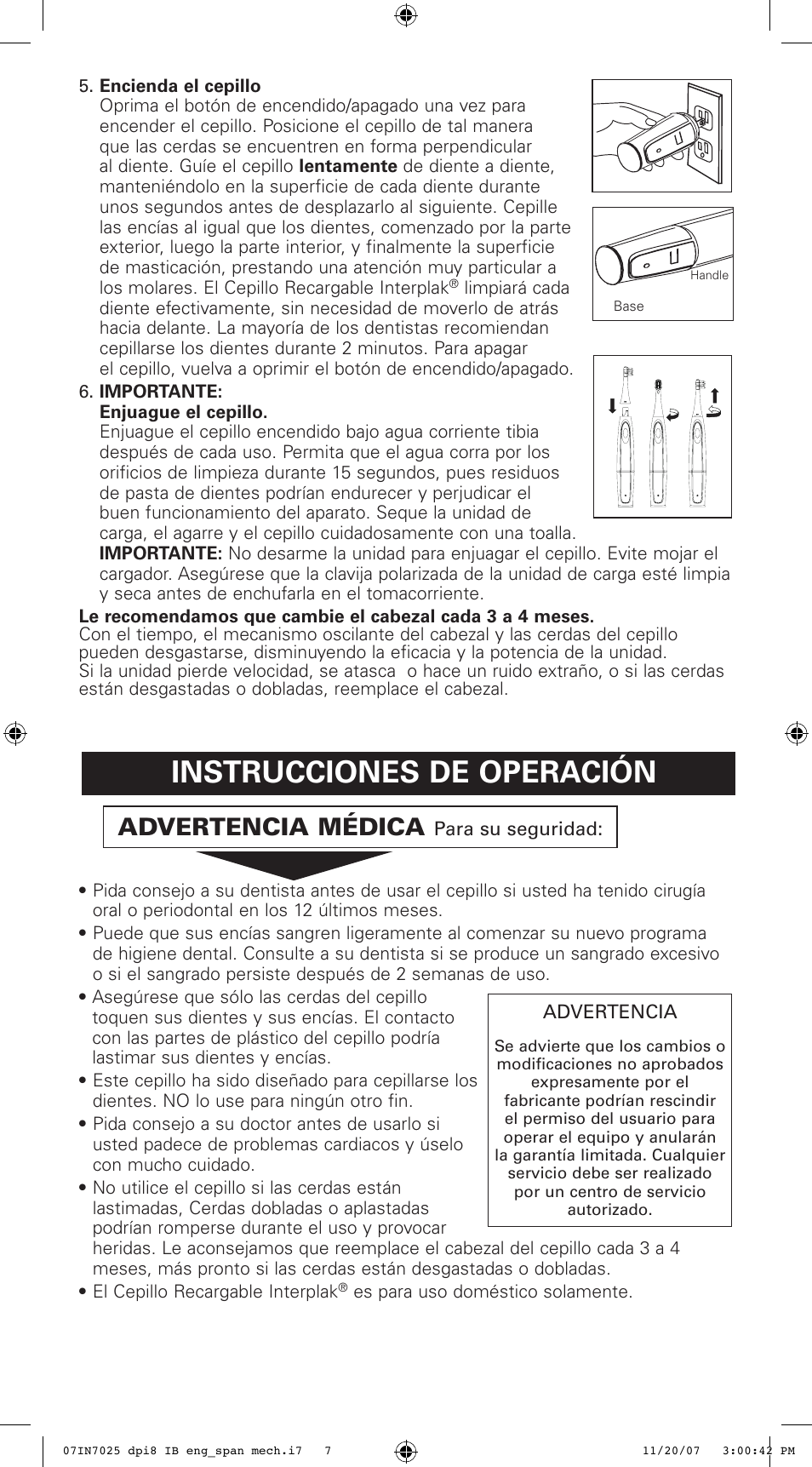 Instrucciones de operación, Advertencia médica | Conair DPI8 User Manual | Page 7 / 8