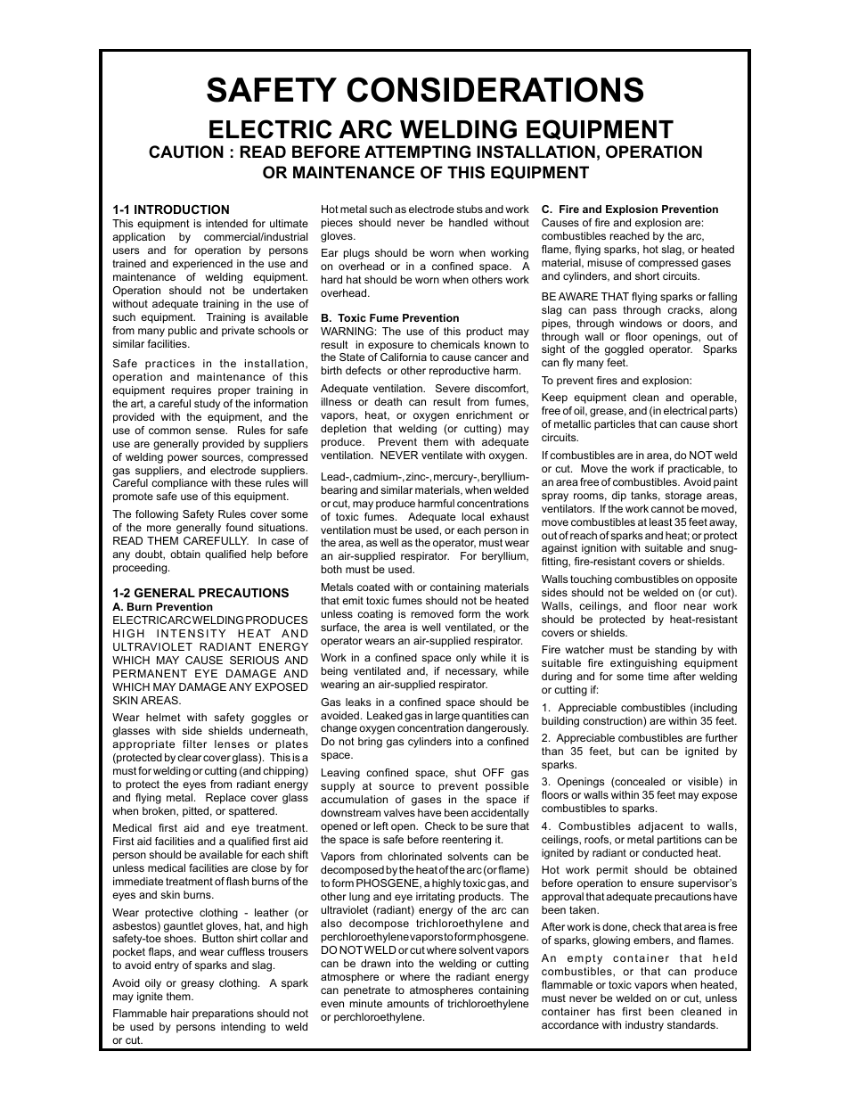 Safety considerations, Electric arc welding equipment | MK Products Positioner 1/AirCrafter T-25 User Manual | Page 3 / 17