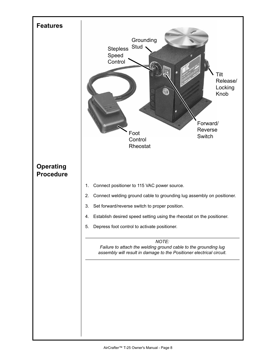 Features operating procedure | MK Products Positioner 1/AirCrafter T-25 User Manual | Page 8 / 17