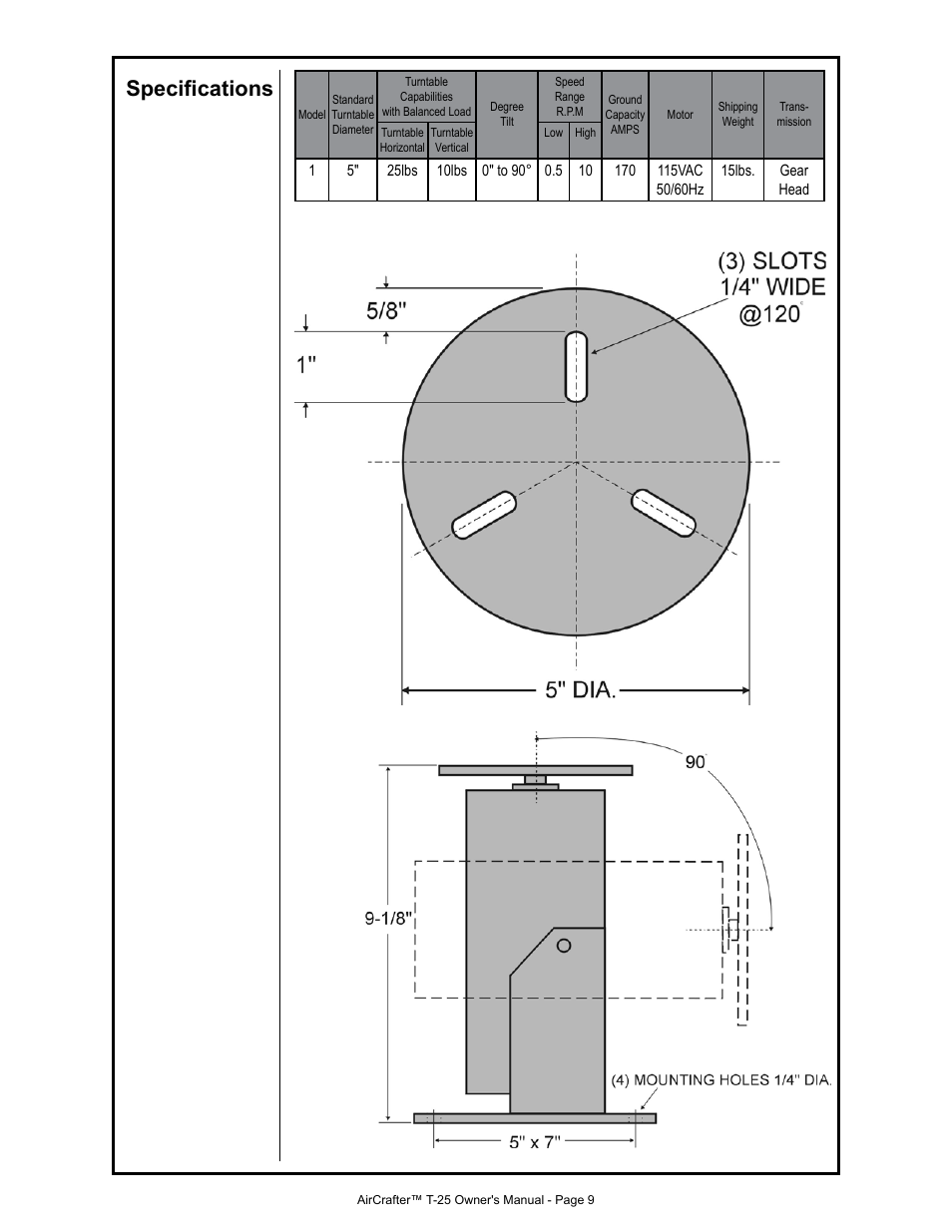 Specifications | MK Products Positioner 1/AirCrafter T-25 User Manual | Page 9 / 17