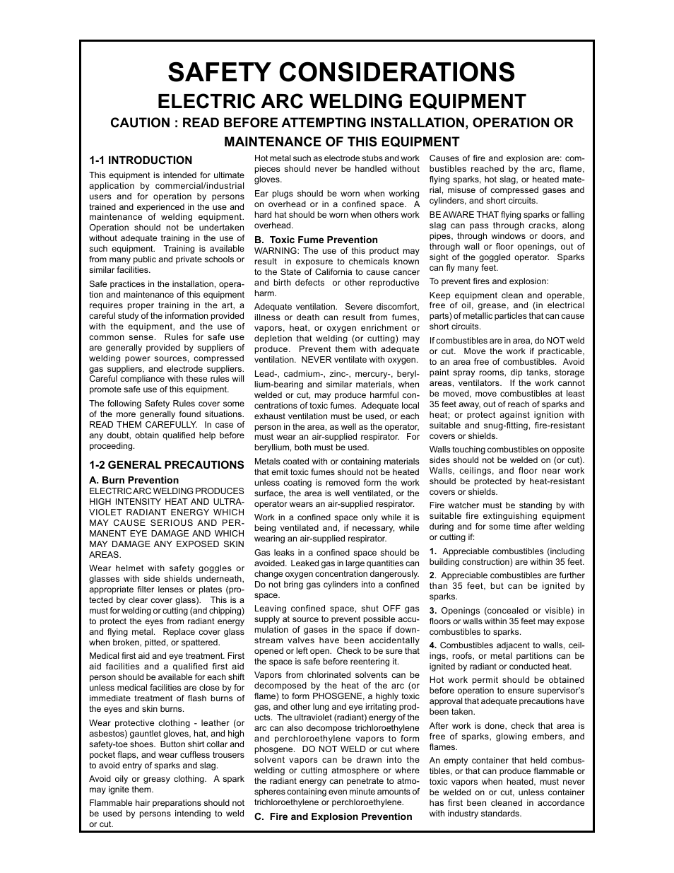 Safety considerations, Electric arc welding equipment | MK Products CobraTurn Digital Turntable User Manual | Page 4 / 23