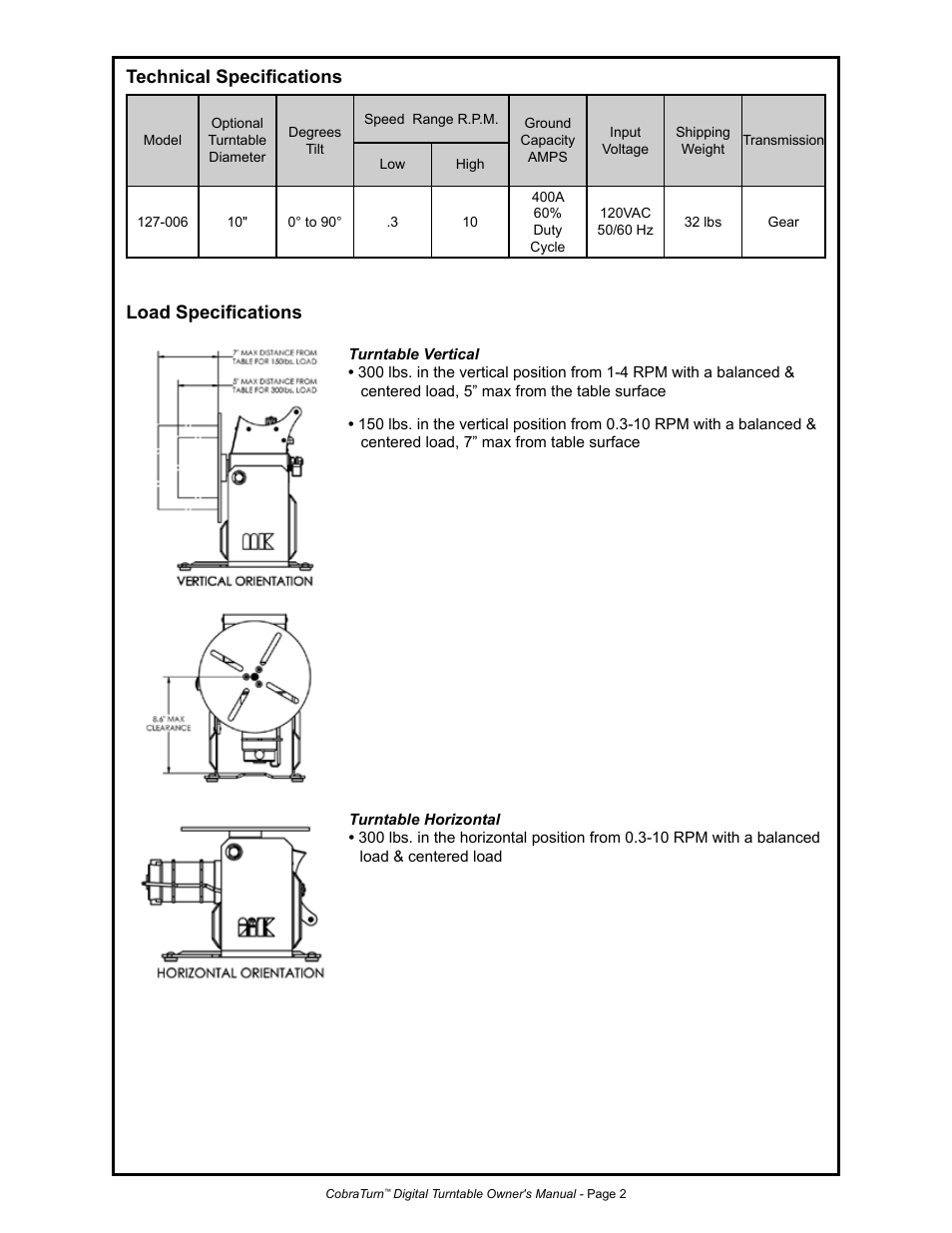 Load specifications, Technical specifications | MK Products CobraTurn Digital Turntable User Manual | Page 9 / 23