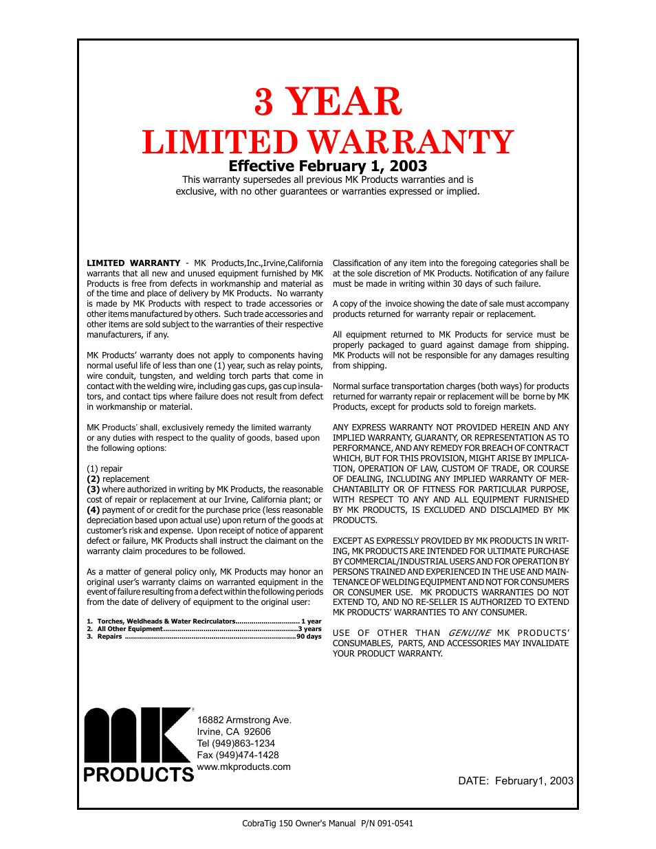 3 year, Limited warranty | MK Products CobraTig 150 XM User Manual | Page 31 / 32