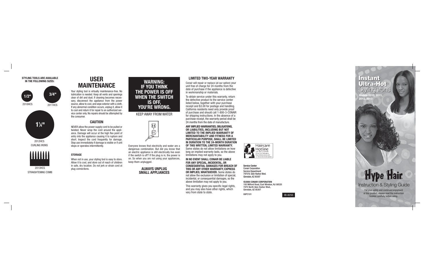 User maintenance, Styling irons, Instant ultra-hot | Instruction & styling guide | Conair phone TAD 2012 User Manual | Page 2 / 2