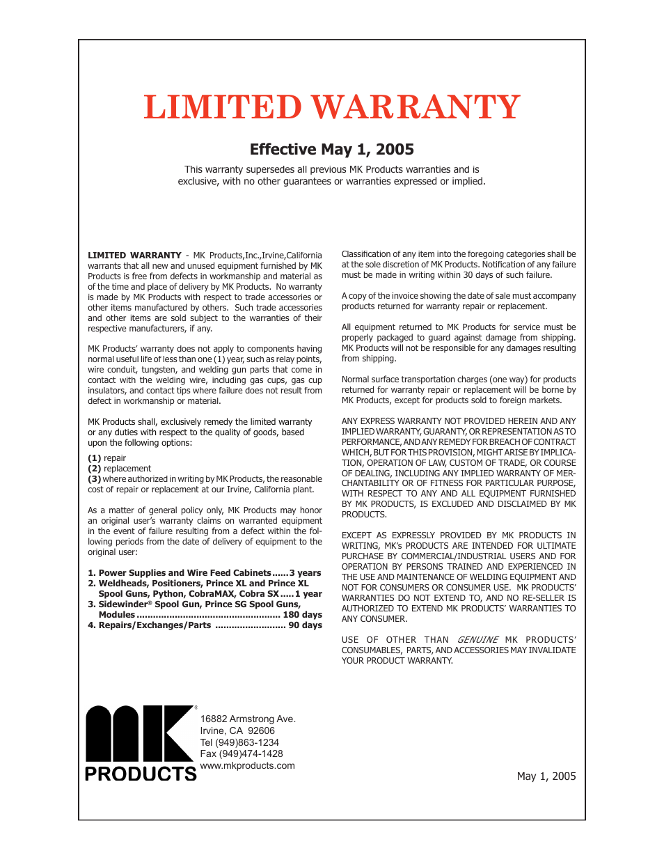 Limited warranty | MK Products CobraCooler 2005 User Manual | Page 13 / 14