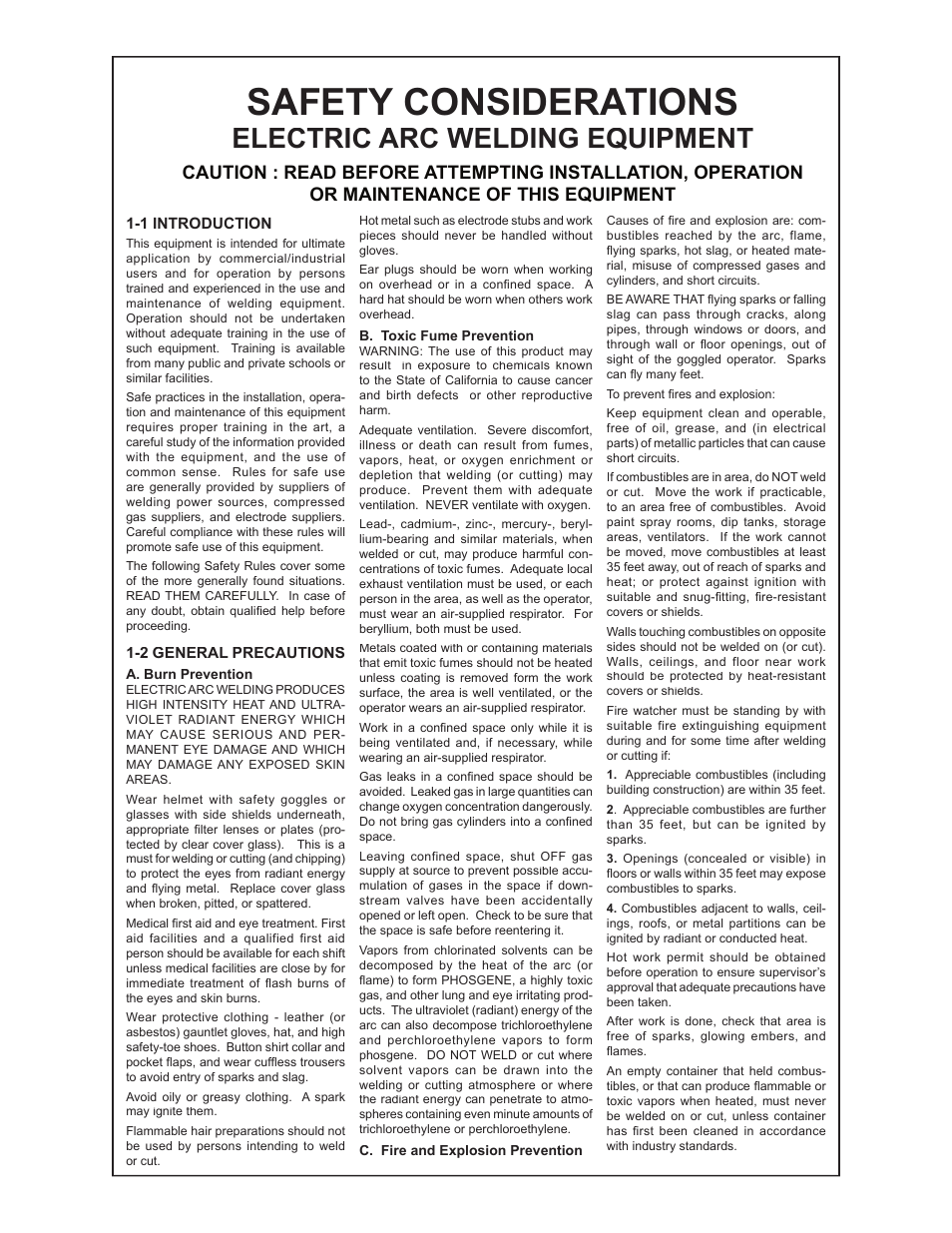 Safety considerations, Electric arc welding equipment | MK Products CobraCooler 2005 User Manual | Page 3 / 14