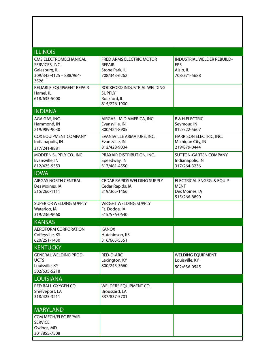 Mk warranty repair stations, Illinois, Indiana | Iowa, Kansas, Kentucky, Louisiana, Maryland | MK Products Cobramatic 120VAC User Manual | Page 37 / 47