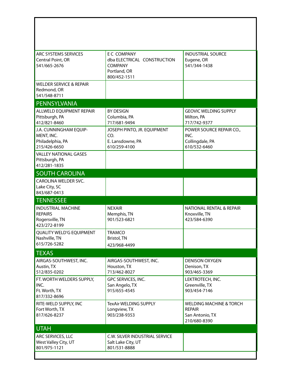 Mk warranty repair stations, Pennsylvania, South carolina | Tennessee, Texas, Utah | MK Products Cobramatic 120VAC User Manual | Page 40 / 47