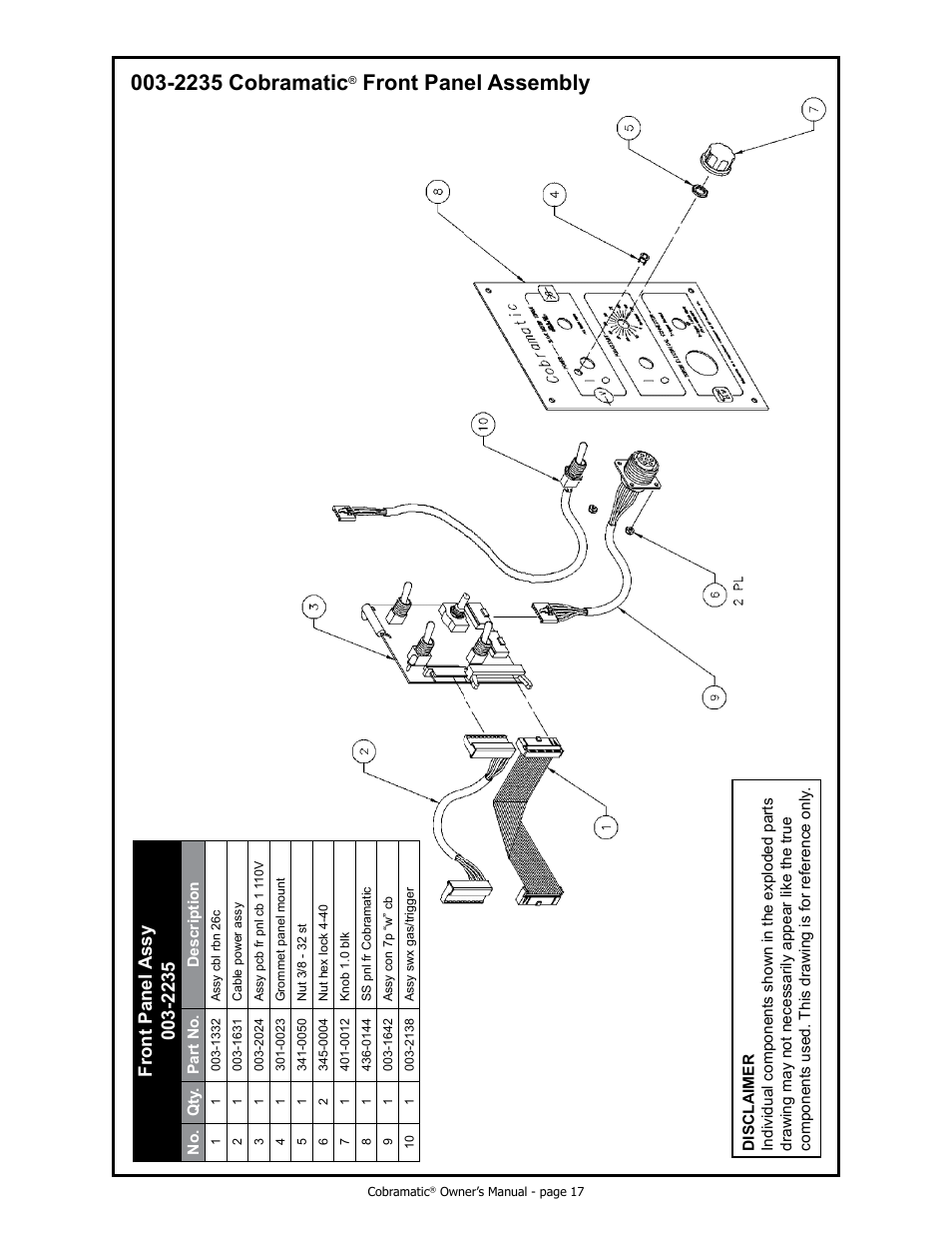 2235 cobramatic, Front panel assembly | MK Products Cobramatic 120 VAC V6 User Manual | Page 25 / 40