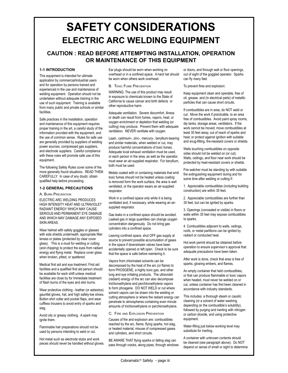 Safety considerations, Electric arc welding equipment | MK Products Cobramatic 120 VAC V6 User Manual | Page 5 / 40