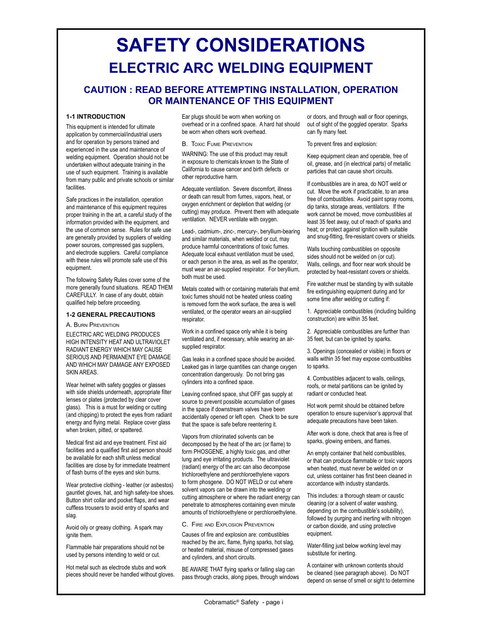 Safety considerations, Electric arc welding equipment | MK Products Cobramatic 42VAC User Manual | Page 3 / 38