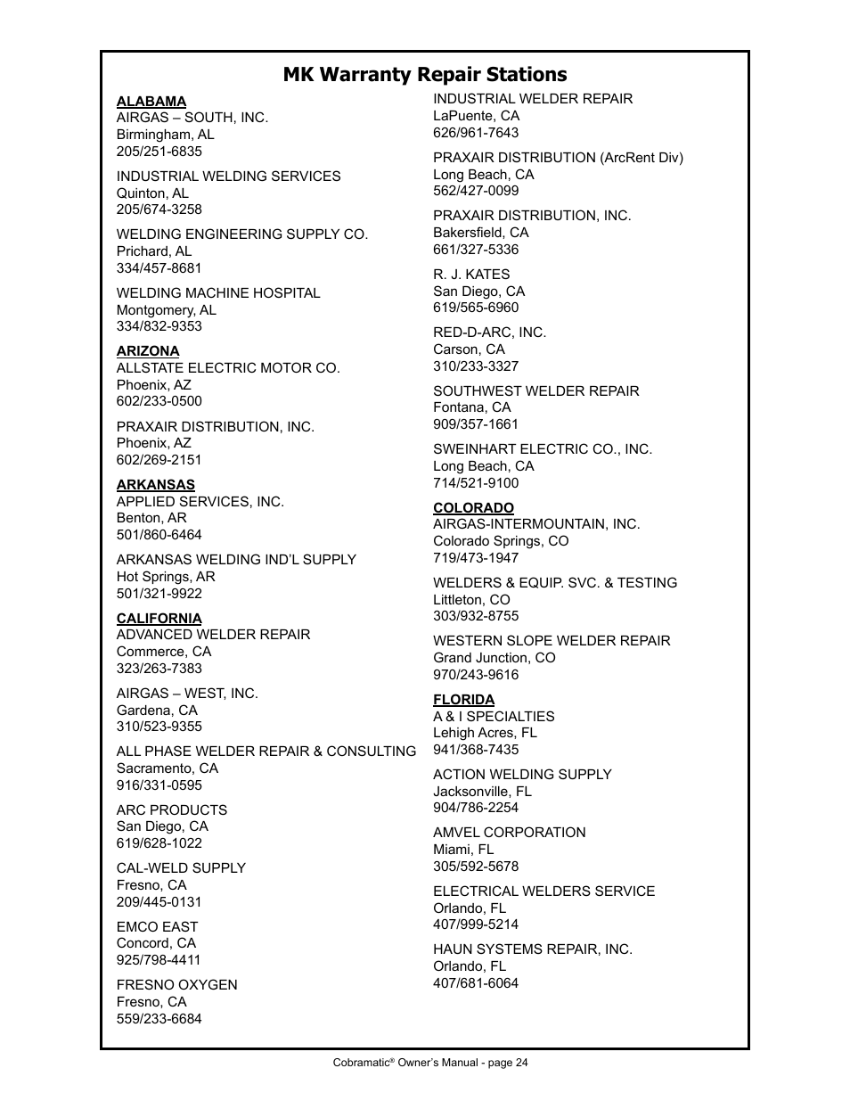 Mk warranty repair stations | MK Products Cobramatic 42VAC User Manual | Page 30 / 38