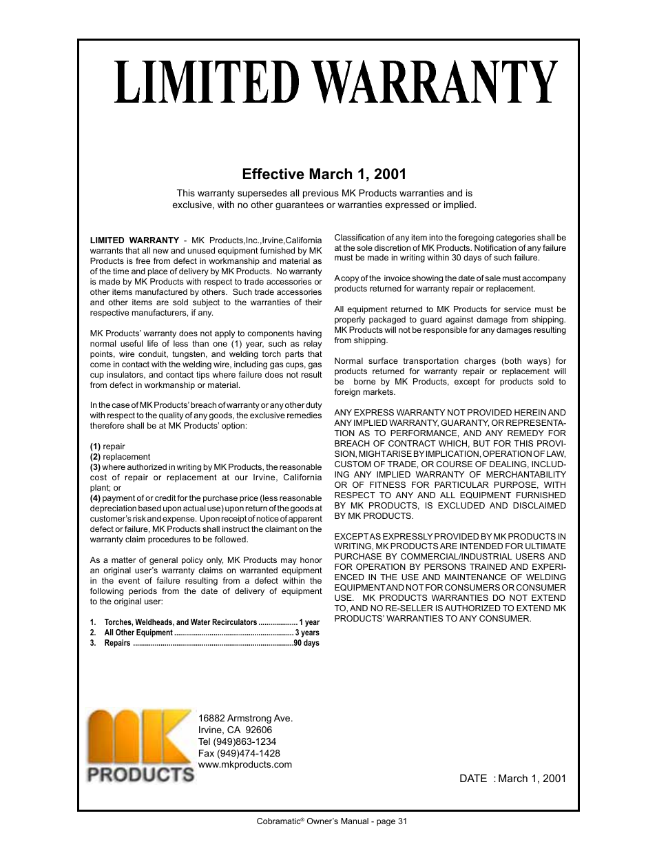 MK Products Cobramatic 42VAC User Manual | Page 37 / 38