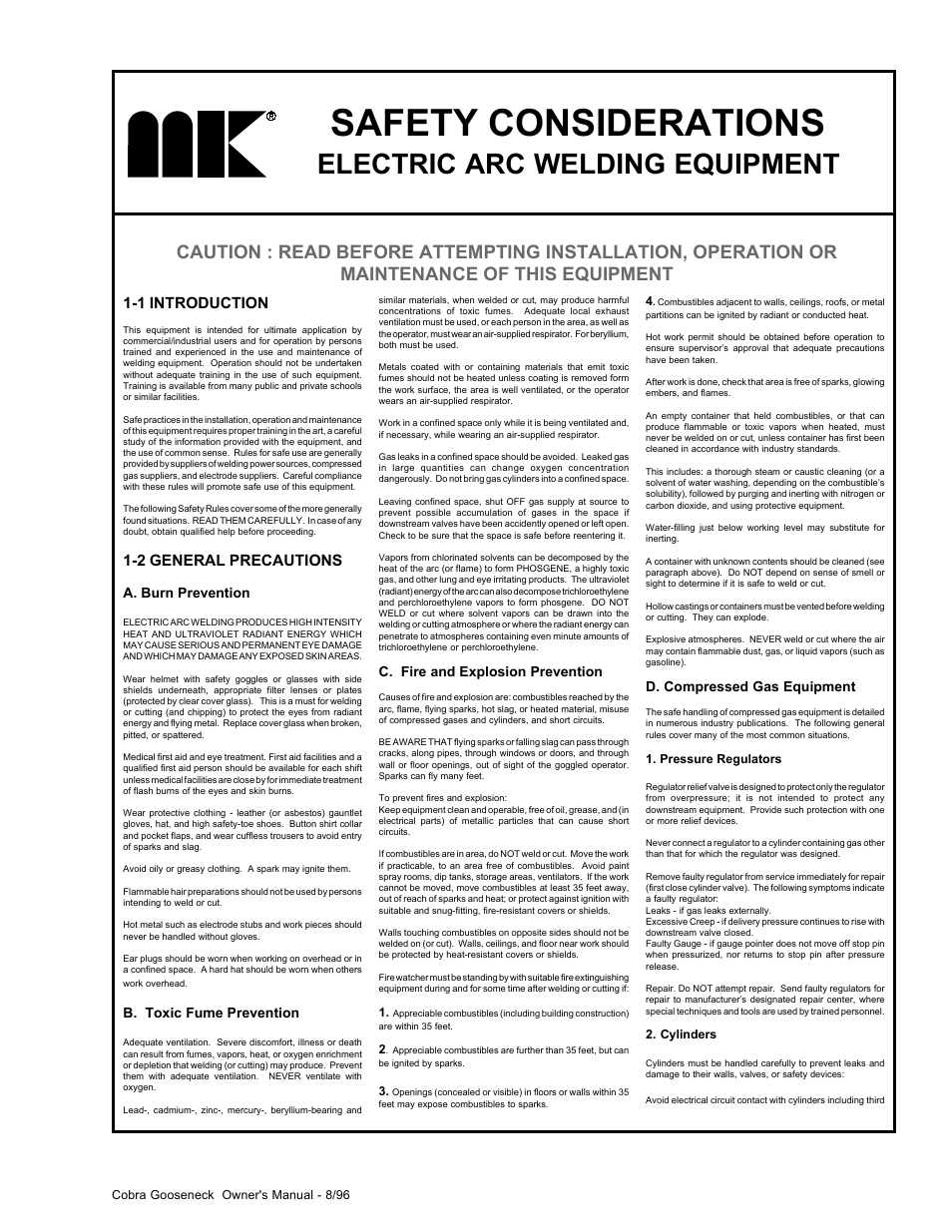 Safety considerations, Electric arc welding equipment, 1 introduction | 2 general precautions | MK Products Cobra System III Gooseneck User Manual | Page 2 / 26