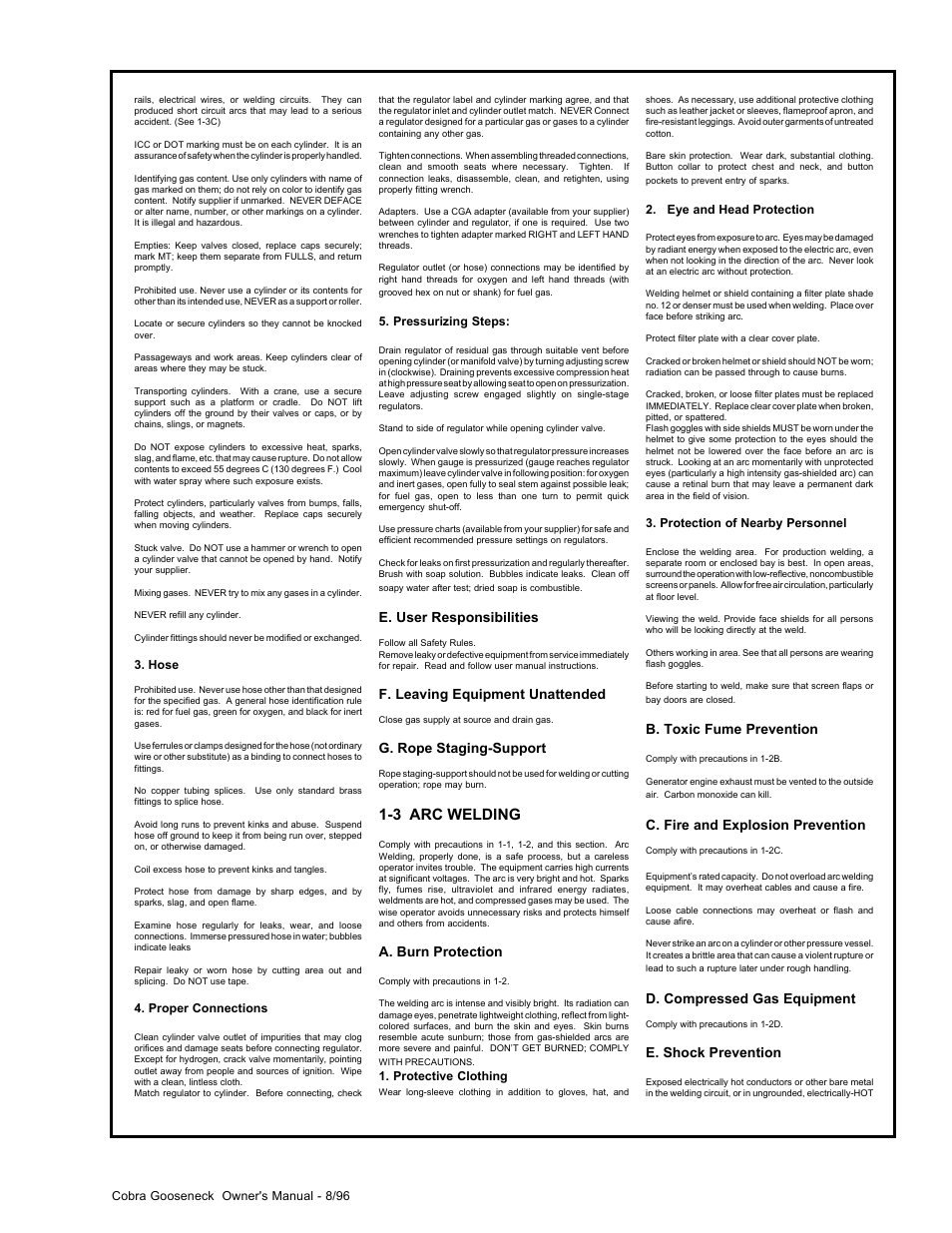 3 arc welding, E. user responsibilities, F. leaving equipment unattended | G. rope staging-support, A. burn protection, B. toxic fume prevention, C. fire and explosion prevention, D. compressed gas equipment, E. shock prevention | MK Products Cobra System III Gooseneck User Manual | Page 3 / 26