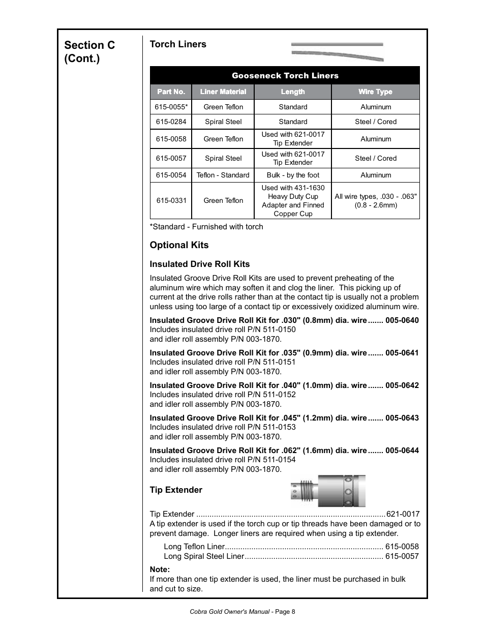 Torch liners, Optional kits | MK Products Cobra Gold Gooseneck User Manual | Page 13 / 41