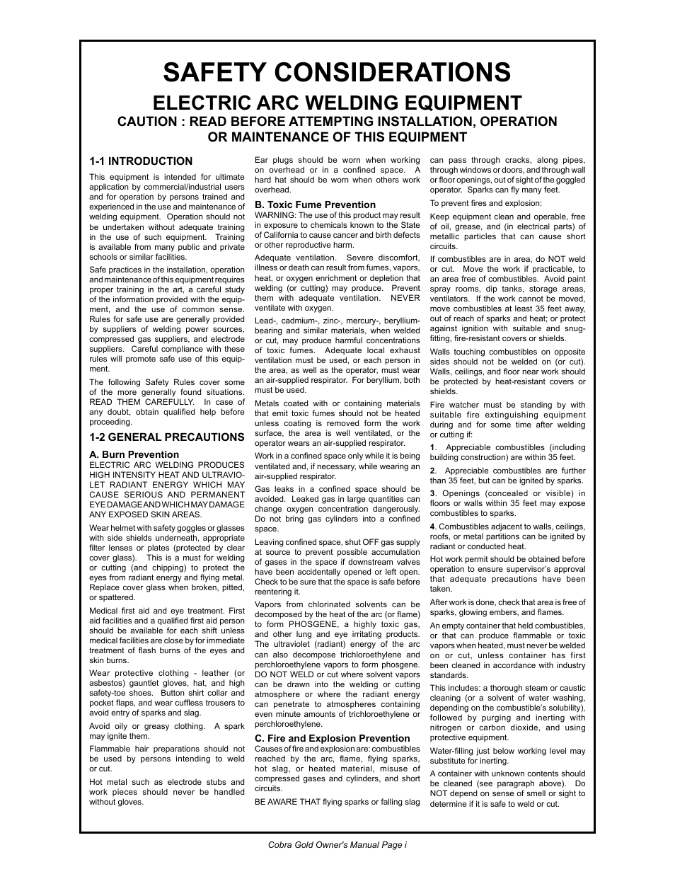 Safety considerations, Electric arc welding equipment, 1 introduction | 2 general precautions | MK Products Cobra Gold Gooseneck User Manual | Page 2 / 41